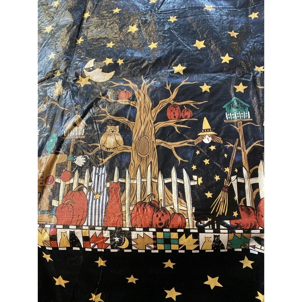 Vtg Halloween Party Vinyl Tablecloth Pumpkin Cat Owl Rectangle Oblong‎ 58 X 80